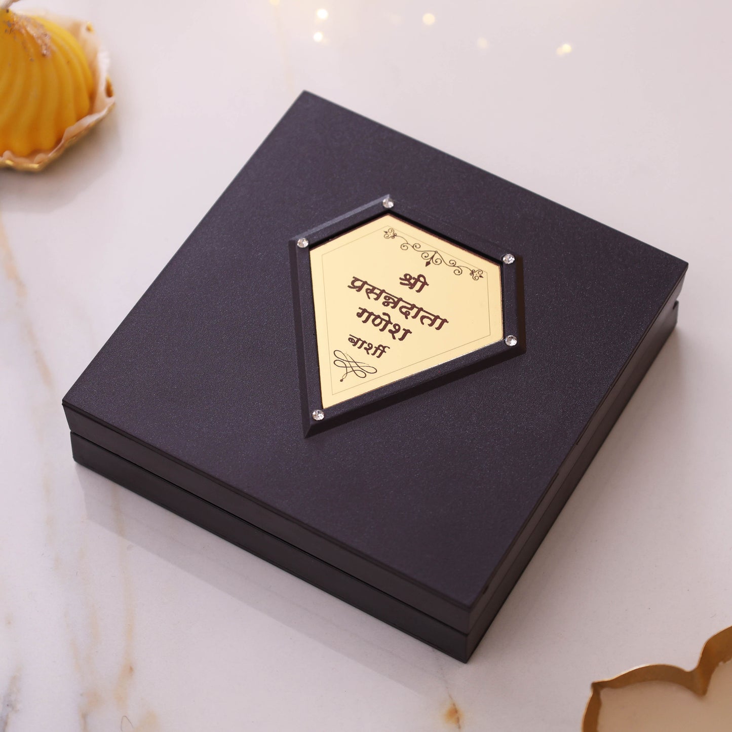 Lord Ganesha Charan Paduka with Wooden Box | Gold Finish Divine Footprints | Ganpati Pooja Mandir Decor | Spiritual Religious Gift