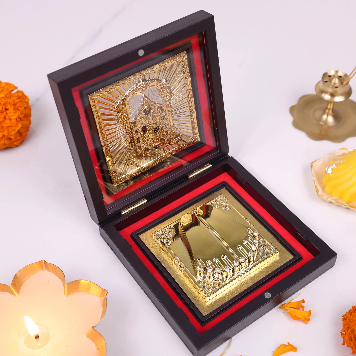 Balaji Charan Paduka with Balaji Idol in Elegant Brown Box | Spiritual Gift