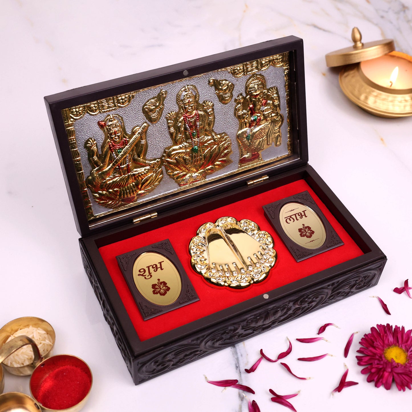 Premium Wooden Pooja Box with Lakshmi Ganesh Saraswati & Charan Paduka | Shubh Labh Religious Gift