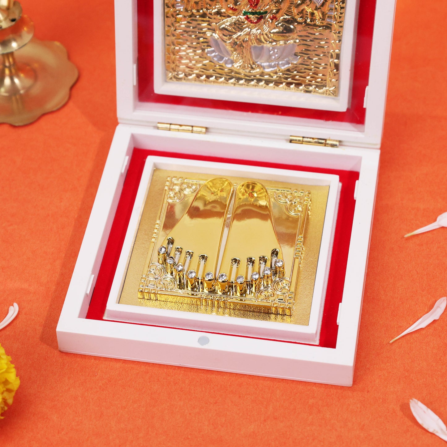 3D Charan Paduka with Lakshmi Ji Idol Box | Diwali Pooja Items for Home Mandir Office Temple Decoration