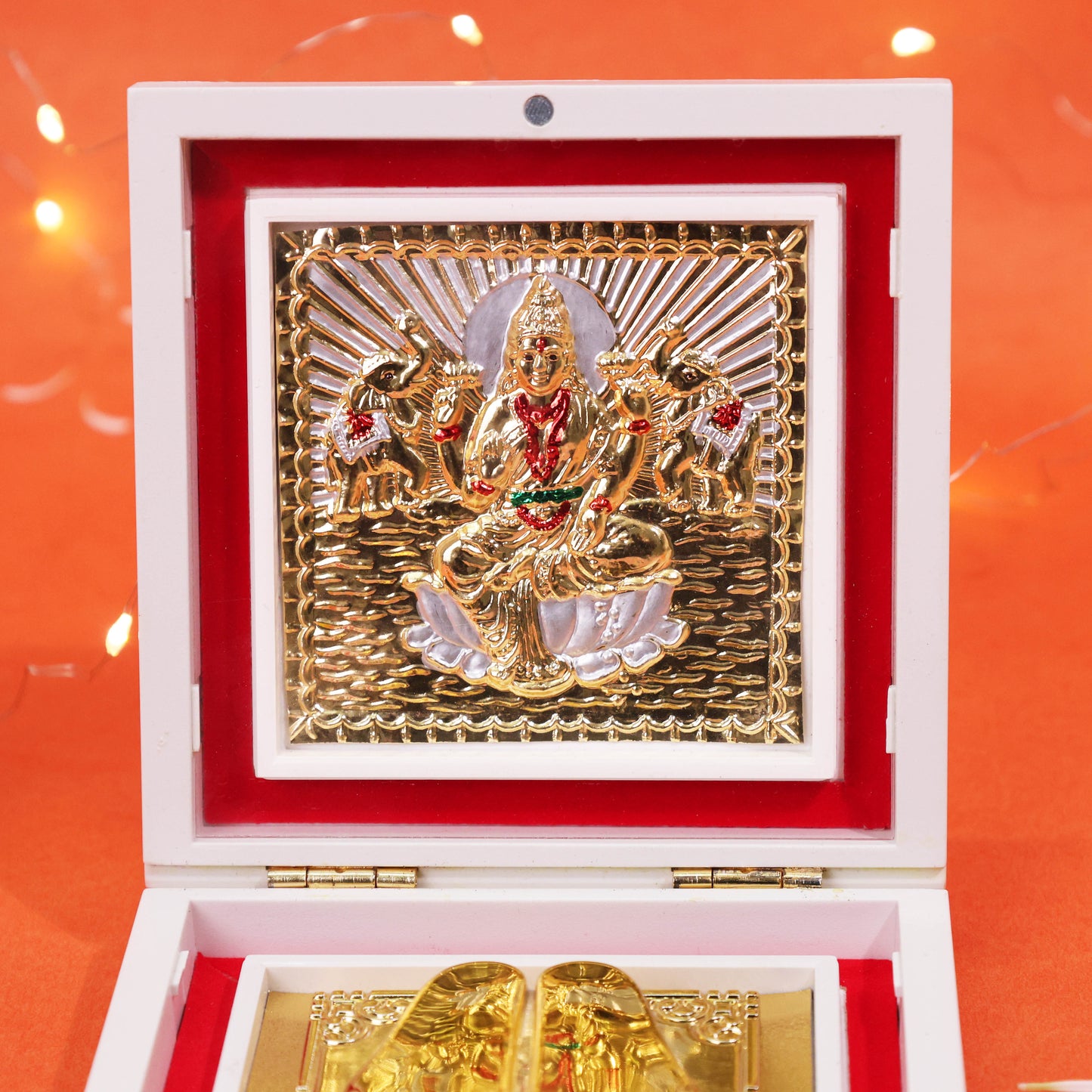 3D Charan Paduka with Lakshmi Ji Idol Box | Diwali Pooja Items for Home Mandir Office Temple Decoration