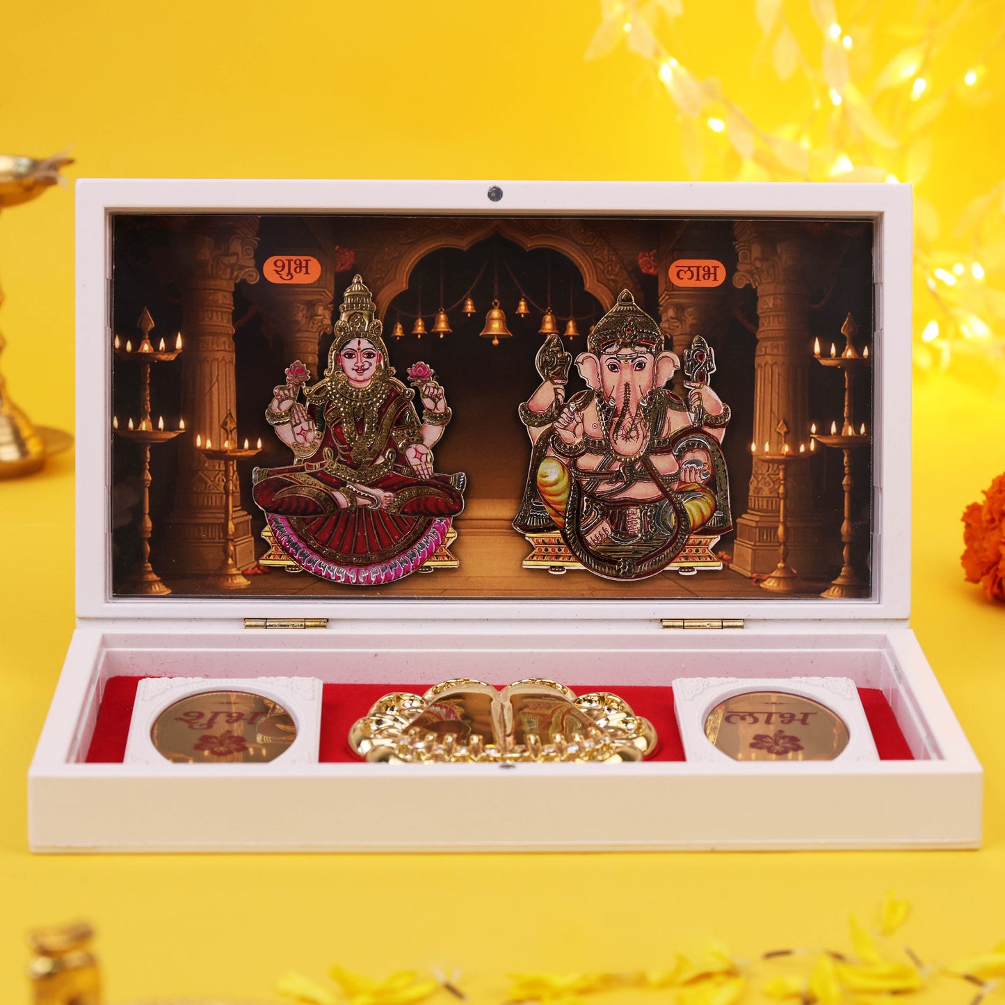 Premium 3D Charan Paduka Lakshmi Ganesh Idol box for Pooja Mandir Home Temple Office | Diwali Decoration Shubh Labh Coins Gift Box