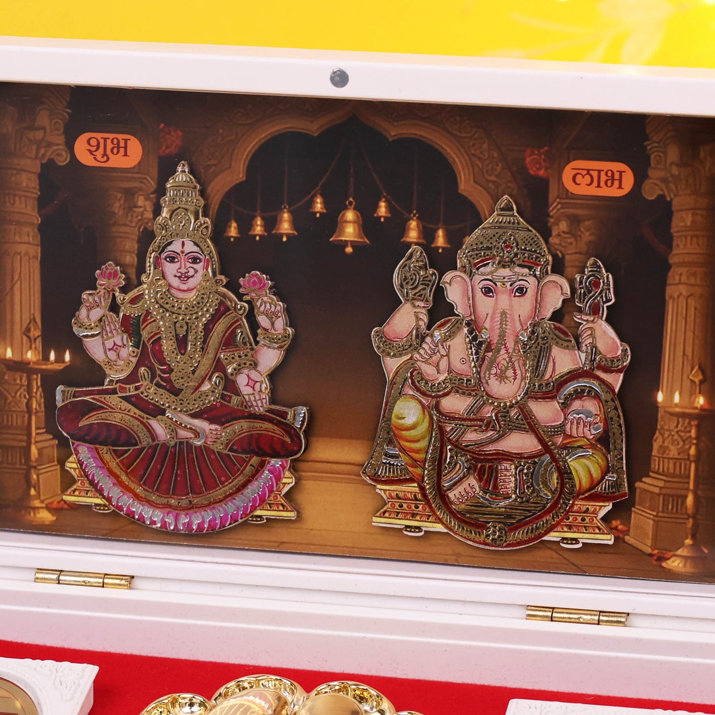 Premium 3D Charan Paduka Lakshmi Ganesh Idol box for Pooja Mandir Home Temple Office | Diwali Decoration Shubh Labh Coins Gift Box