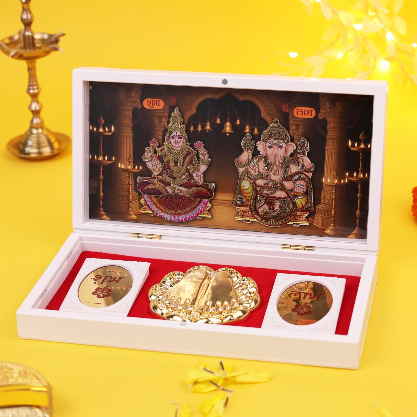 Premium 3D Charan Paduka Lakshmi Ganesh Idol box for Pooja Mandir Home Temple Office | Diwali Decoration Shubh Labh Coins Gift Box
