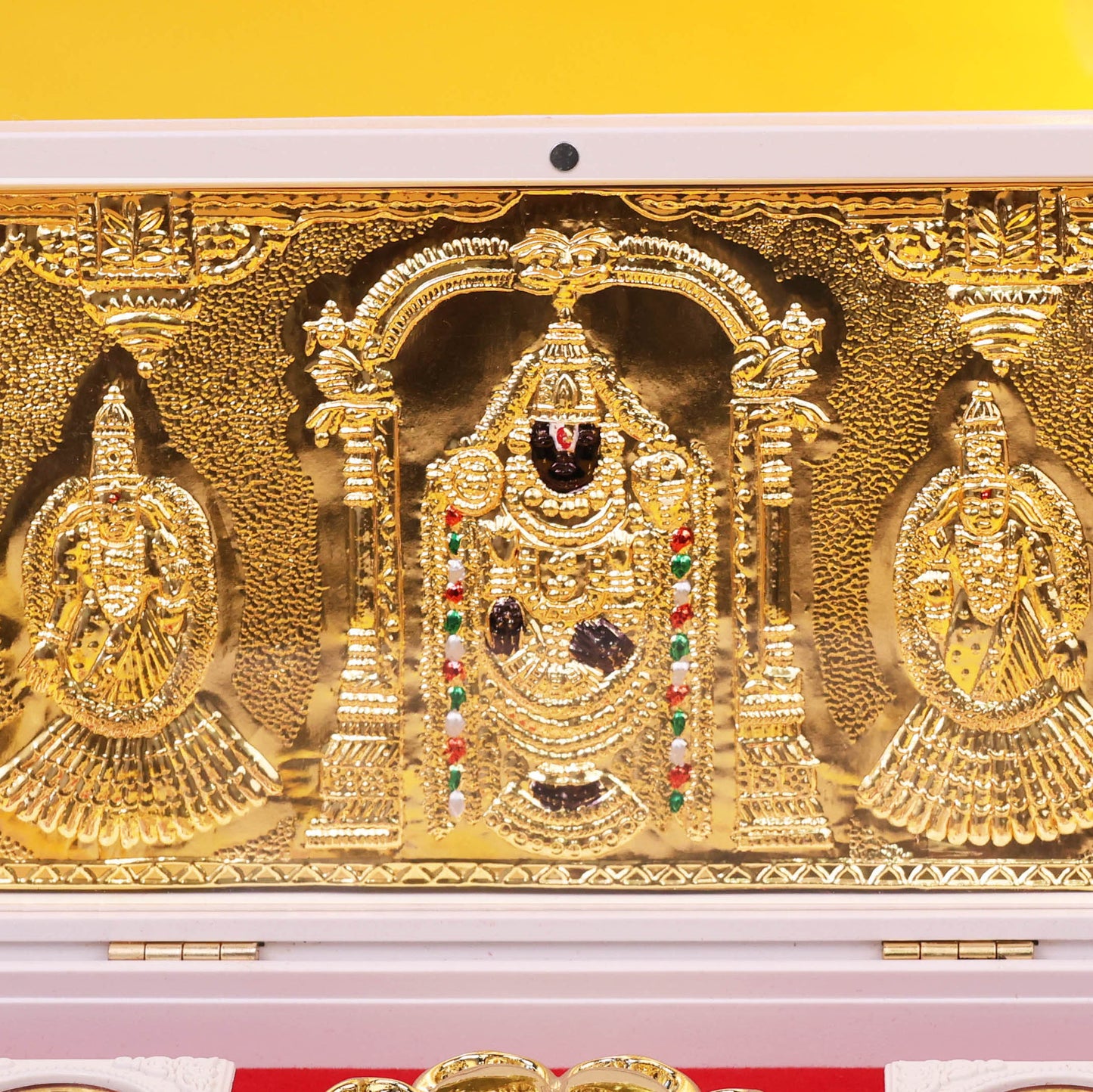 3D Charan Paduka with Tirupati Balaji Frame Gold Plated Temple Gift Box with inside Coin Set