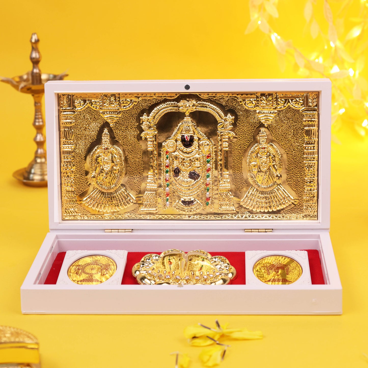 3D Charan Paduka with Tirupati Balaji Frame Gold Plated Temple Gift Box with inside Coin Set