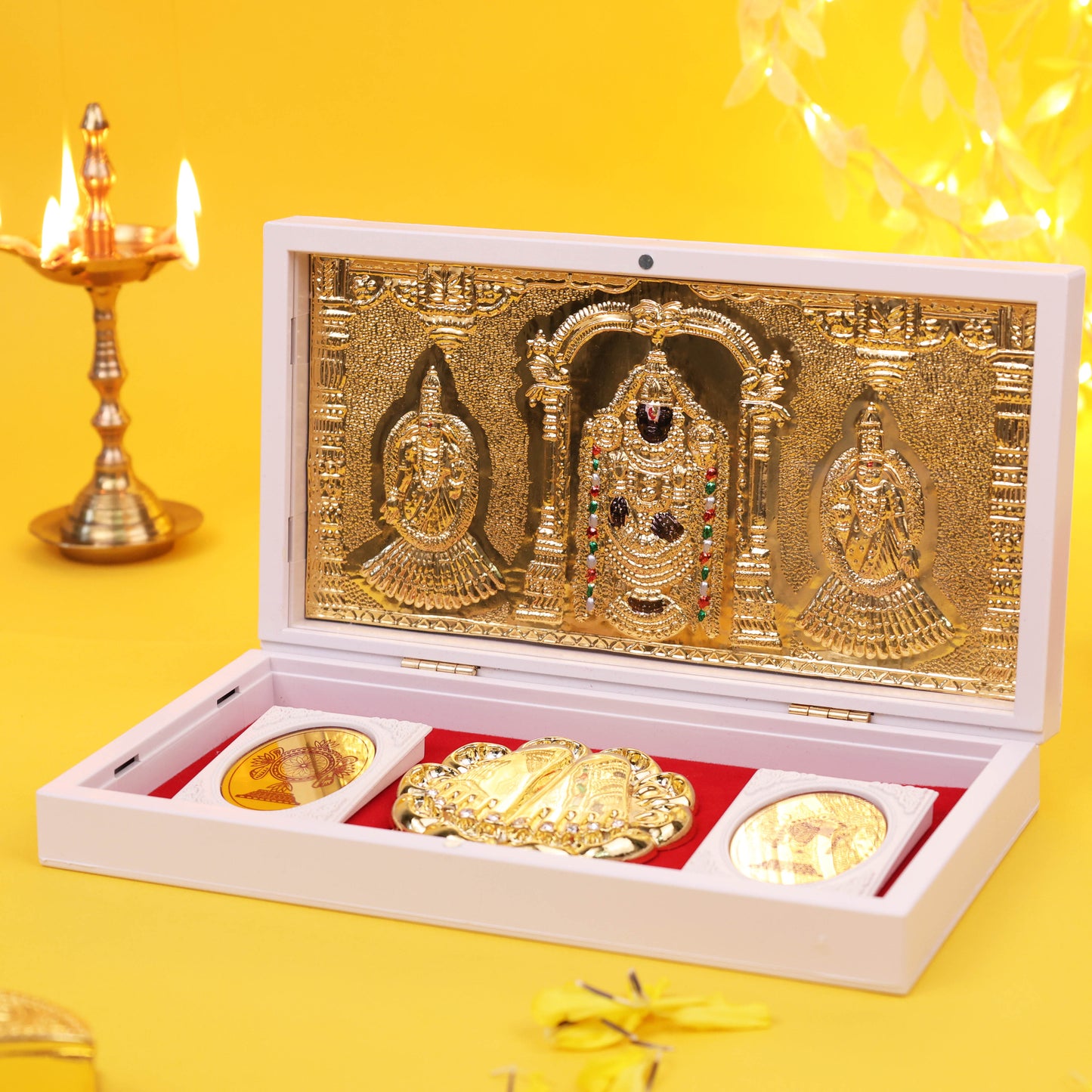 3D Charan Paduka with Tirupati Balaji Frame Gold Plated Temple Gift Box with inside Coin Set