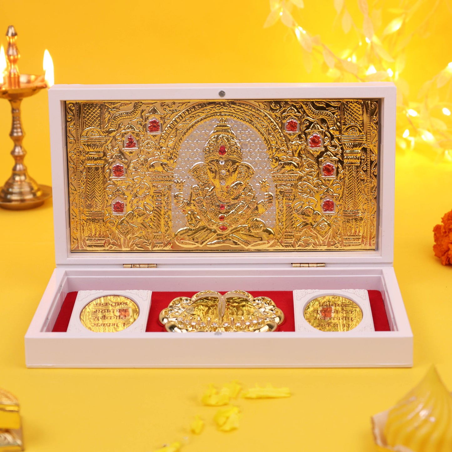Divine 3D Lord Ganesha Charan Paduka Frame Gold Plated Ganpati Paduka with Coins for Puja Room Mandir