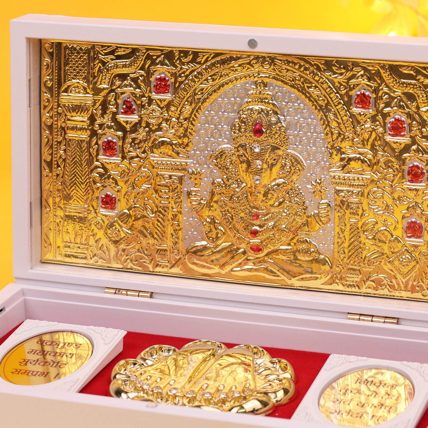 Divine 3D Lord Ganesha Charan Paduka Frame Gold Plated Ganpati Paduka with Coins for Puja Room Mandir