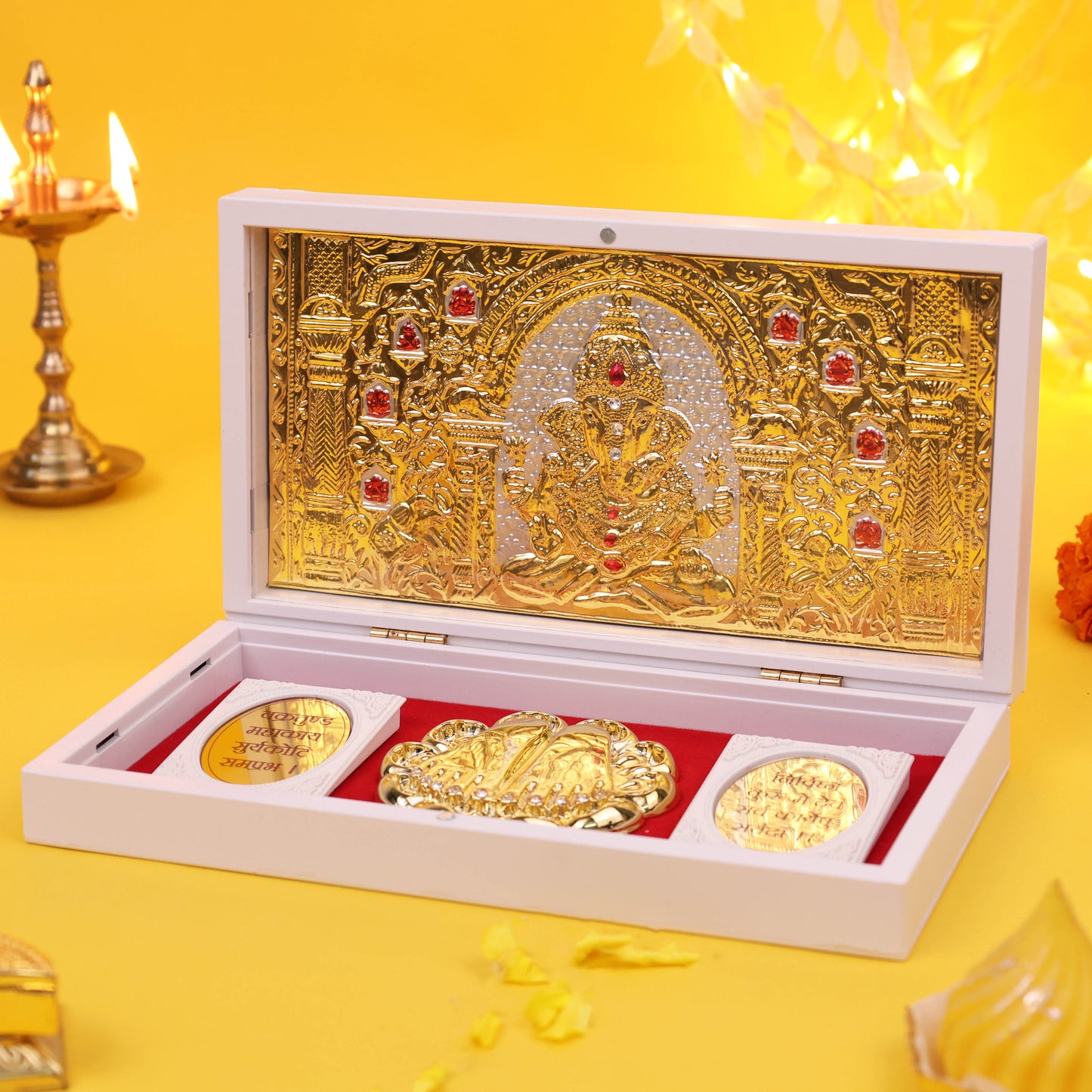 Divine 3D Lord Ganesha Charan Paduka Frame Gold Plated Ganpati Paduka with Coins for Puja Room Mandir