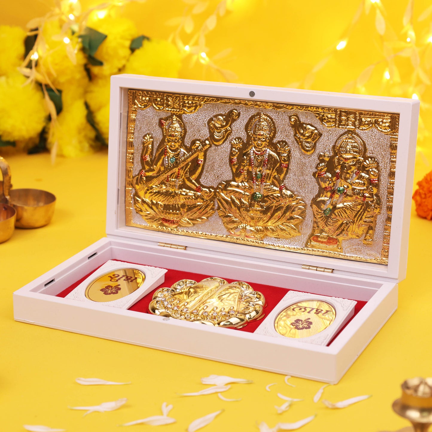 Laxmi Ganesh Saraswati 3D Charan Paduka Frame Gold Plated Gift Box for Home Temple, Pooja Room
