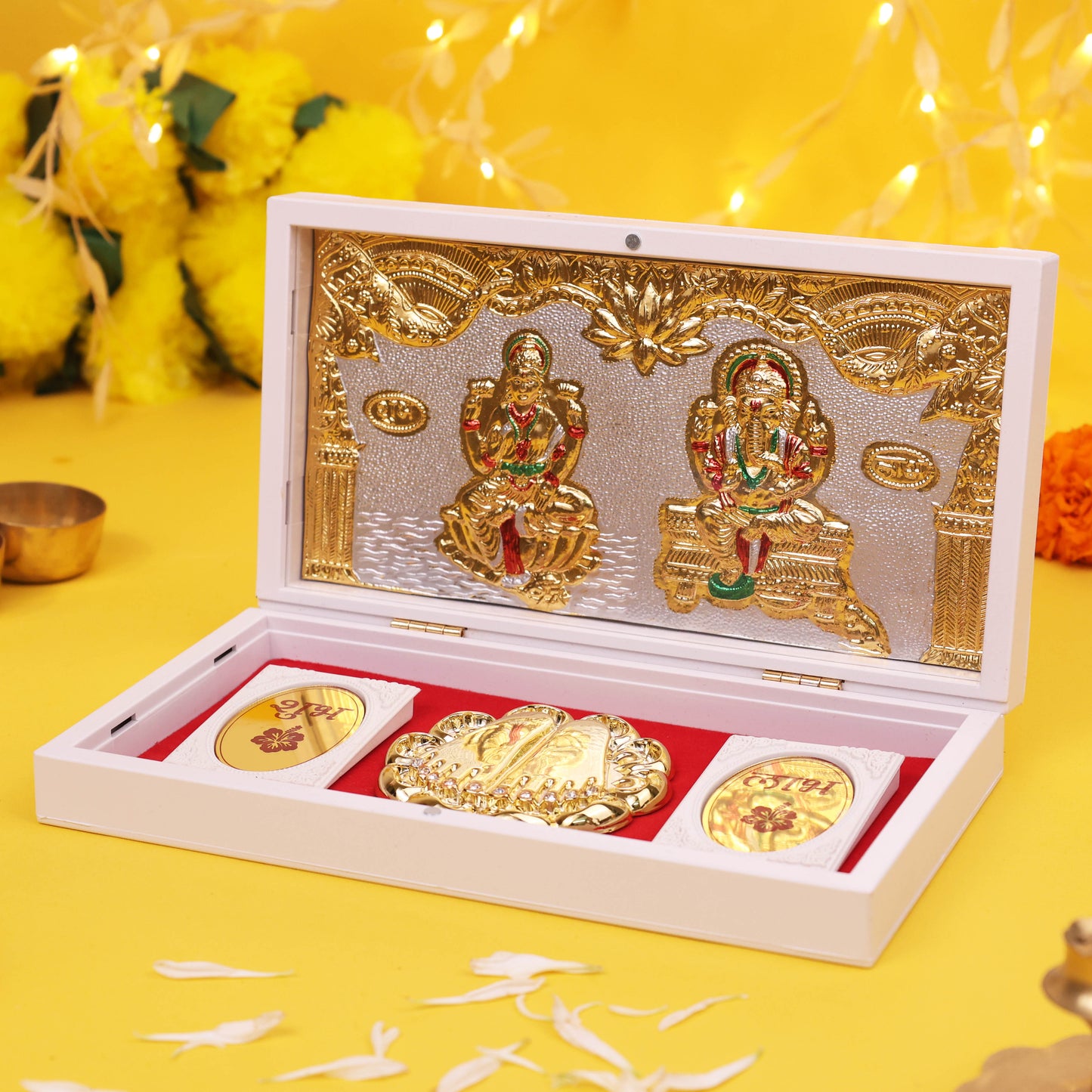 3D Charan Paduka with Lakshmi Ganesh Frame Gold Plated Gift Box with Gold Coin Set | Religious Gift for Diwali, Housewarming, Temple & Office Décor
