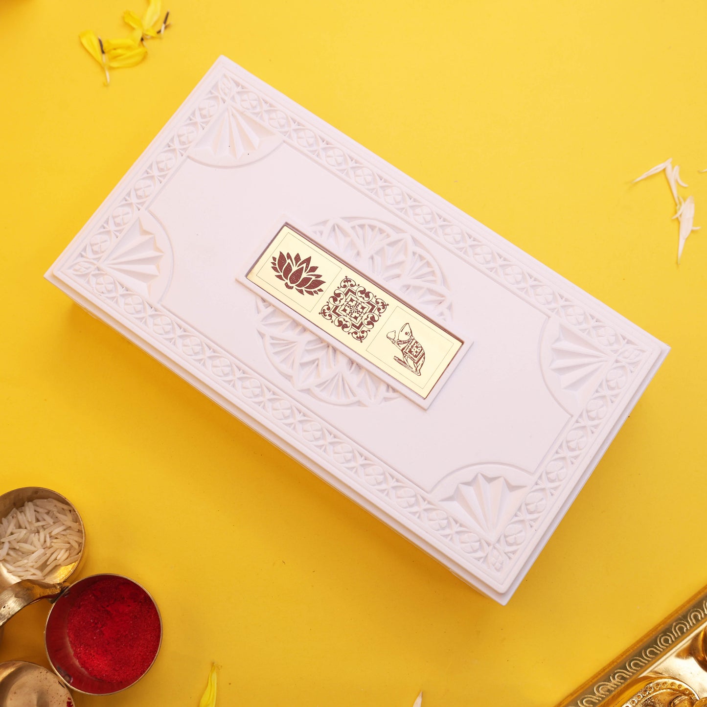 3D Charan Paduka with Lakshmi Ganesh Frame Gold Plated Gift Box with Gold Coin Set | Religious Gift for Diwali, Housewarming, Temple & Office Décor