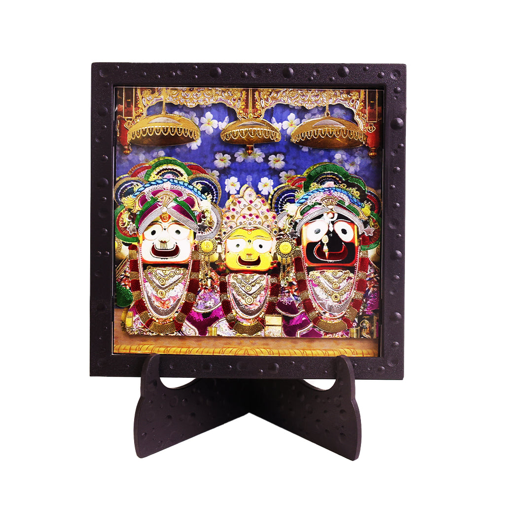 Classic 3D Jagannath Puri Deity Photo Frame with Stand for Home Temple | Lord Jagannath Balabhadra Subhadra Spiritual Photo Frame | Premium Religious Decor for Pooja Room, Office Desk & Devotional Gift Item