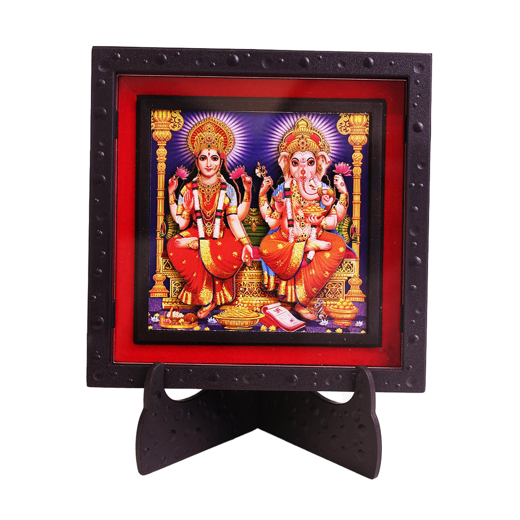 Classic 3D Laxmi Ganesh Deity Photo Frame with Stand | Lakshmi Ganesh Religious Photo Frame for Home Temple Pooja Room Decor | Divine Hindu God Frame for Office Desk Living Room | Spiritual Gift Item