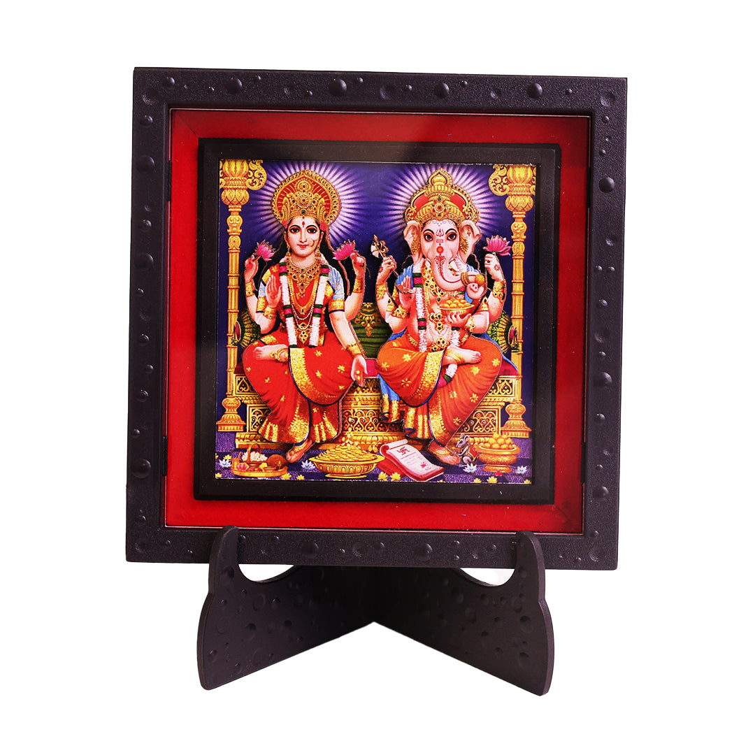 Classic 3D Laxmi Ganesh Deity Photo Frame with Stand | Lakshmi Ganesh Religious Photo Frame for Home Temple Pooja Room Decor | Divine Hindu God Frame for Office Desk Living Room | Spiritual Gift Item