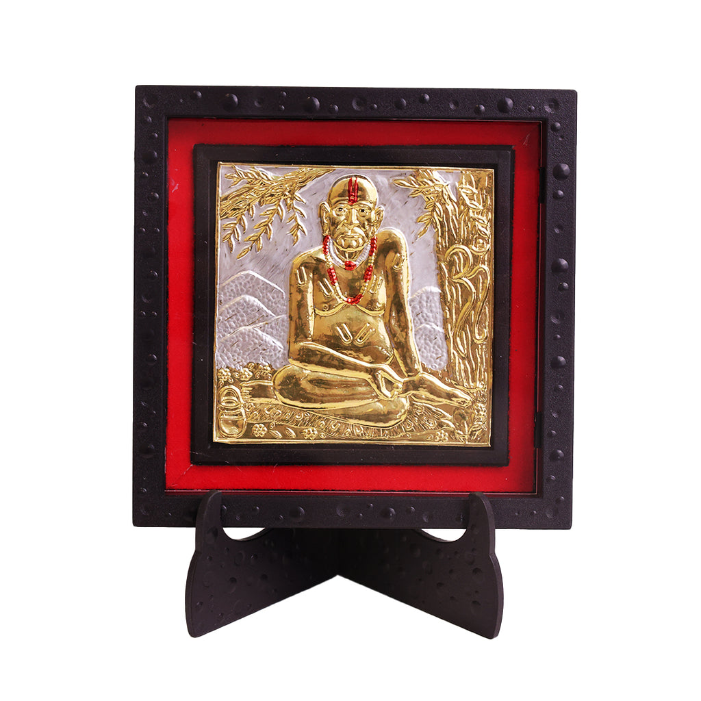Classic Gold Swami Samarth Deity Photo Frame with Stand | Divine Spiritual Tabletop Frame for Home Temple Mandir Decor | Religious God Idol Frame for Pooja Room Office Desk Living Room | Auspicious Hindu Devotional Gift