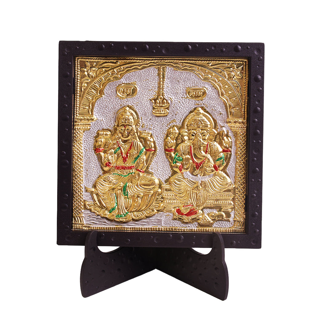 Classic Laxmi Ganesh Gold Deity Photo Frame with Stand for Home Temple | Premium Lakshmi Ganesh Spiritual Photo Frame for Pooja Room, Office Desk & Home Decor | Religious Diwali Gift Item for Housewarming & Festivals