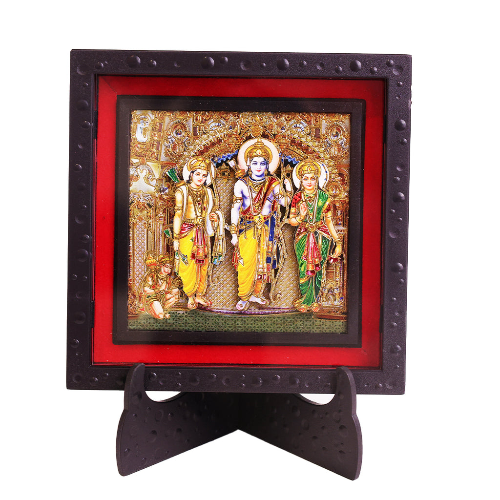 Classic 3D Ram Parivar Deity Photo Frame with Stand | Lord Ram Sita Lakshman Hanuman Religious Photo Frame for Home Temple Pooja Room Decor | Hindu God Devotional Frame for Office Desk Spiritual Gift