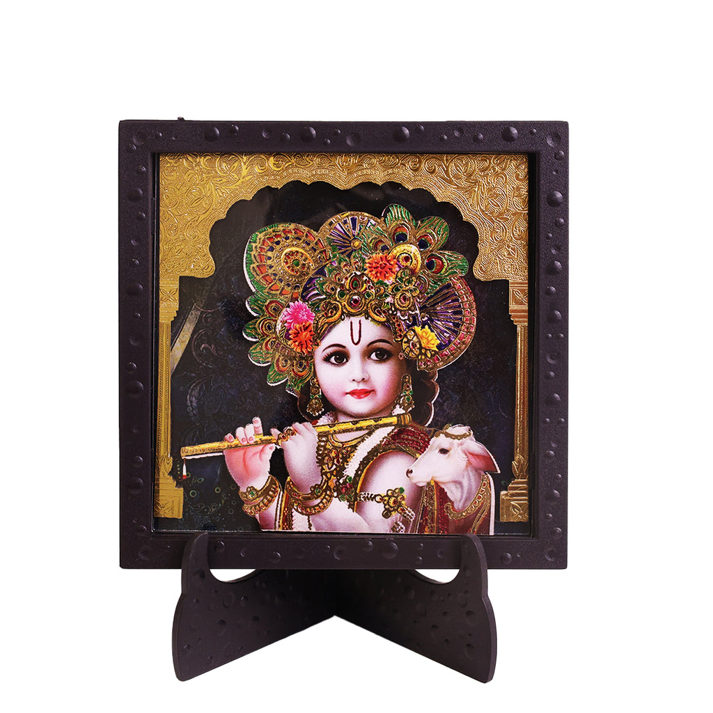 Classic 3D Bal Gopal Krishna Deity Photo Frame with Stand for Home Temple | Laddu Gopal Spiritual Photo Frame for Pooja Room, Nursery & Office Desk | Divine Krishna Home Decor | Devotional Gift Item & Sacred Souvenir