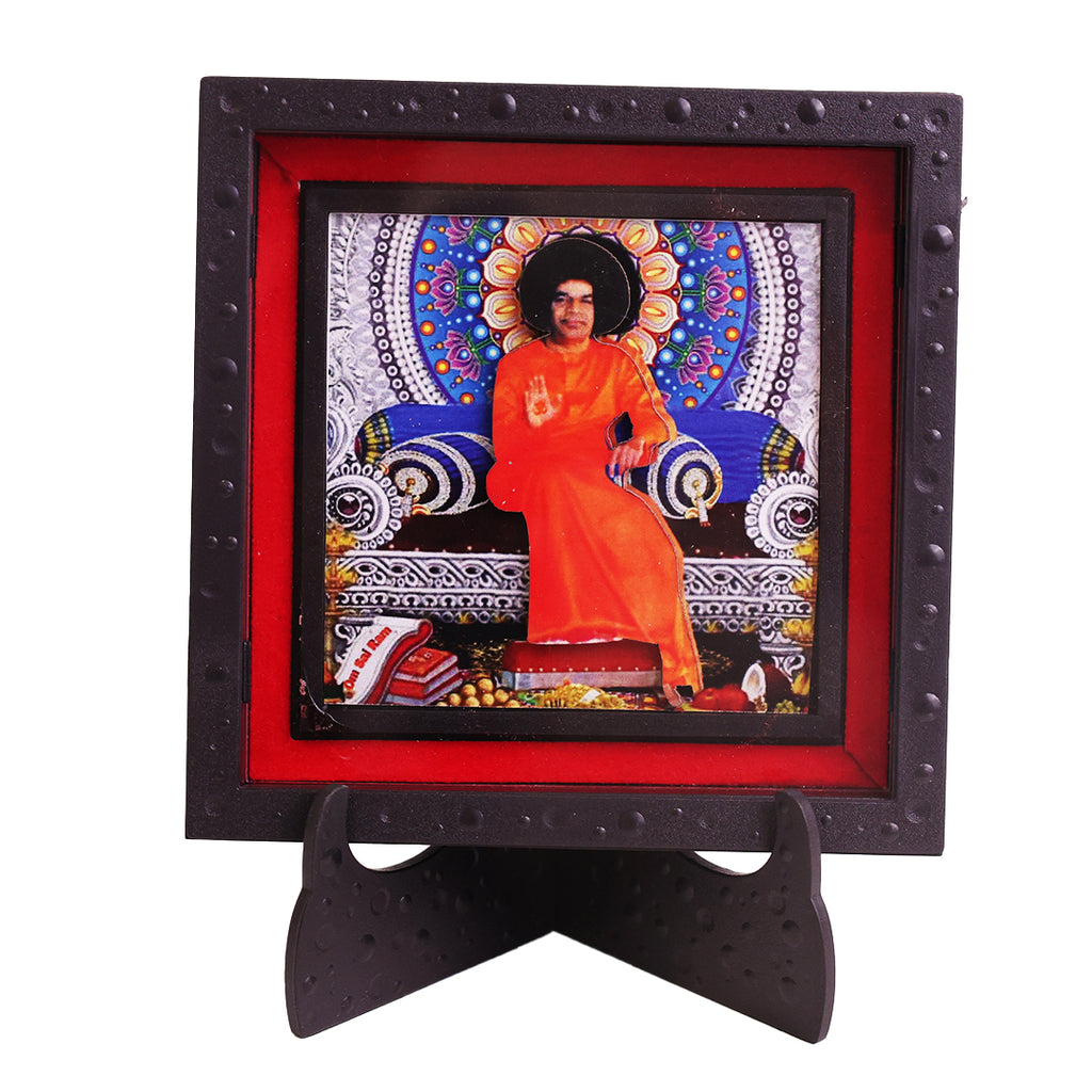 Classic 3D Puttaparthi Sathya Sai Baba Deity Photo Frame with Stand | Spiritual Religious Photo Frame for Home Temple Pooja Room Decor | Divine Devotional Frame for Office Desk Meditation Room Gift