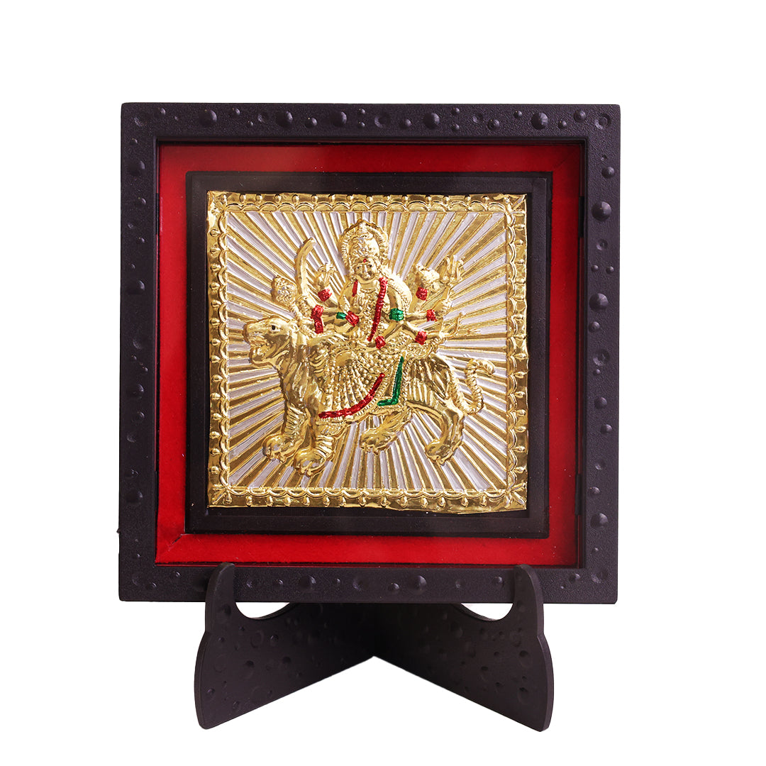 Classic Gold Ambe Maa Photo Frame for Home Temple | Divine Durga Mata Decorative Frame with Stand | Navratri Pooja Room Decor | Religious Spiritual Gift Item for Home Office Mandir Decoration