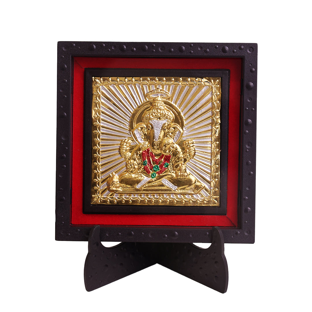 Classic Gold Plated Ganesh Ji Photo Frame with Stand for Home Decor & Pooja Room Office Desk Vastu Gift Diwali Gift Office Desk Temple Decoration Ganpati Bappa Idol Frame