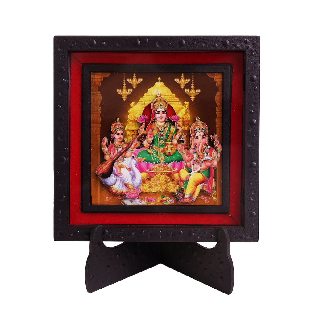 Classic 3D Lakshmi Ganesh Saraswati Photo Frame for Home Decor & Pooja Room | Divine Hindu God Idol Frame with Stand | Temple Decoration Item for Home, Office Desk, Mandir, Housewarming, Diwali Gift