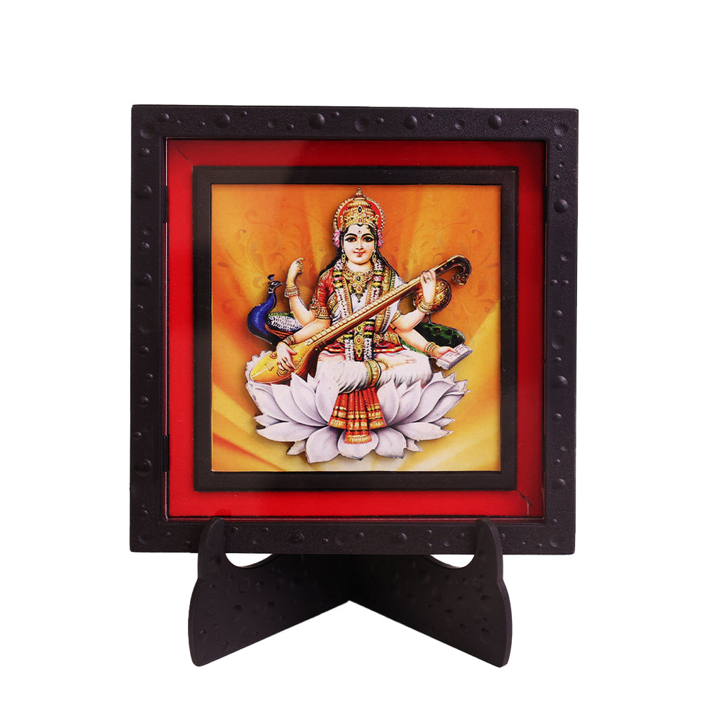 Classic 3D Maa Saraswati Deity Photo Frame with Stand for Home Temple | Goddess Saraswati Spiritual Photo Frame for Study Room, Pooja Room & Office Desk | Religious Home Decor | Devotional Gift Item & Sacred Souvenir