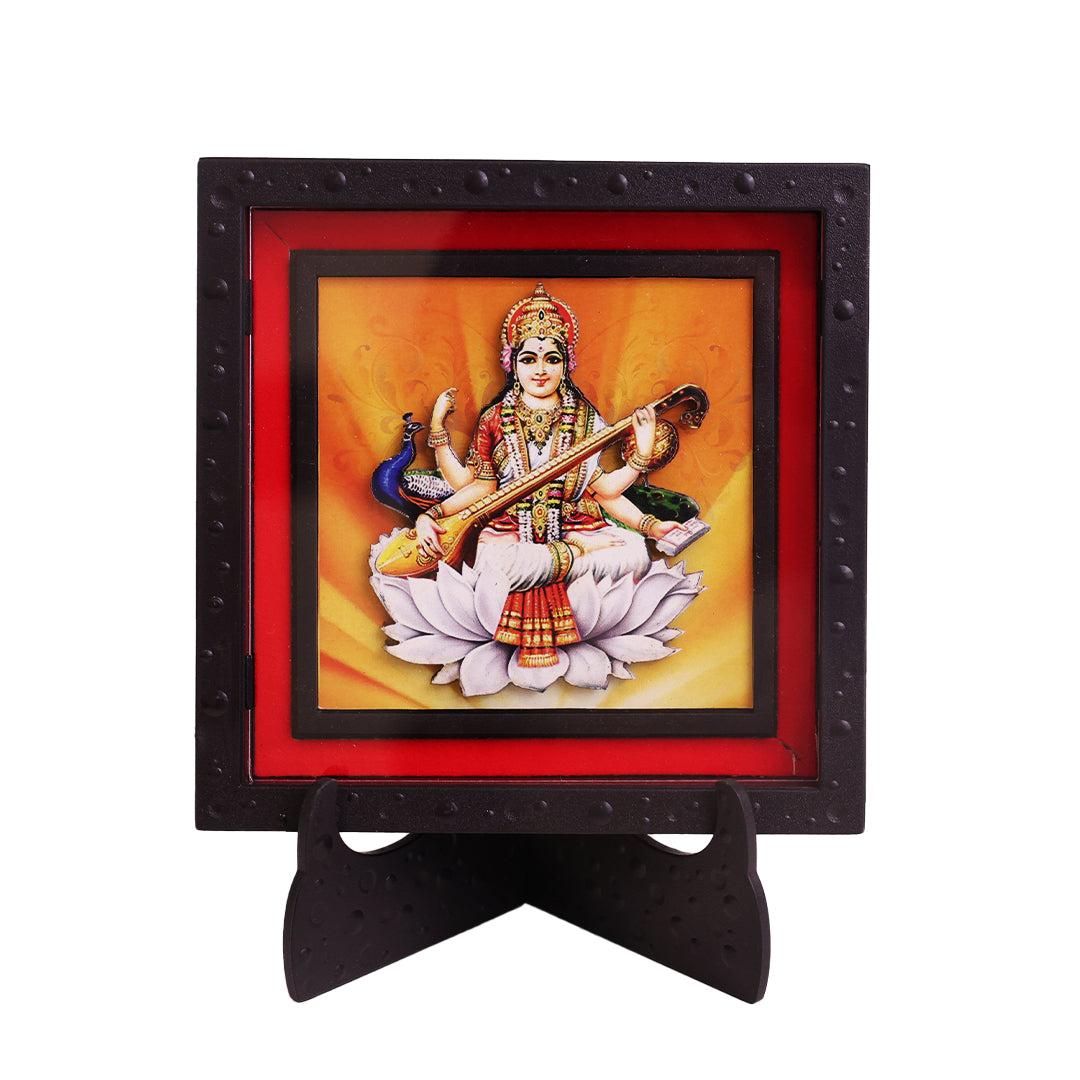Classic 3D Maa Saraswati Deity Photo Frame with Stand for Home Temple | Goddess Saraswati Spiritual Photo Frame for Study Room, Pooja Room & Office Desk | Religious Home Decor | Devotional Gift Item & Sacred Souvenir