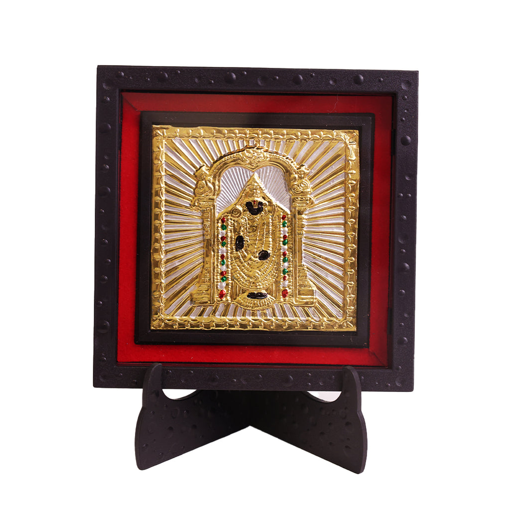 Classic Gold Balaji Deity Photo Frame with Stand | Lord Venkateswara Tirupati Balaji Religious Photo Frame for Home Temple Pooja Room Decor | Hindu God Devotional Frame for Office Desk Spiritual Gift