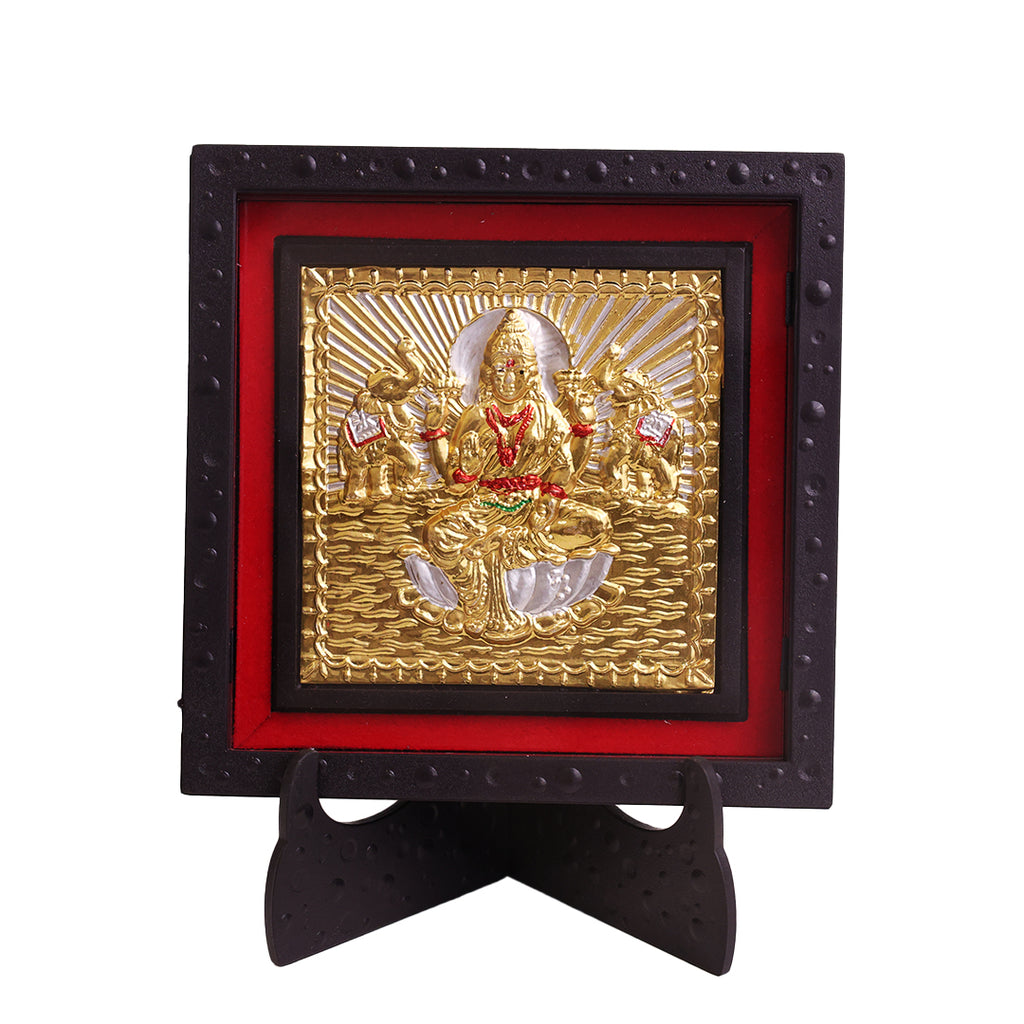 Classic Gold Plated Lakshmi Maa Photo Frame with Stand for Home Decor & Pooja Room, Office Desk Diwali Gift, Vastu, Office Desk, Temple Decoration, Wealth & Prosperity Idol Frame