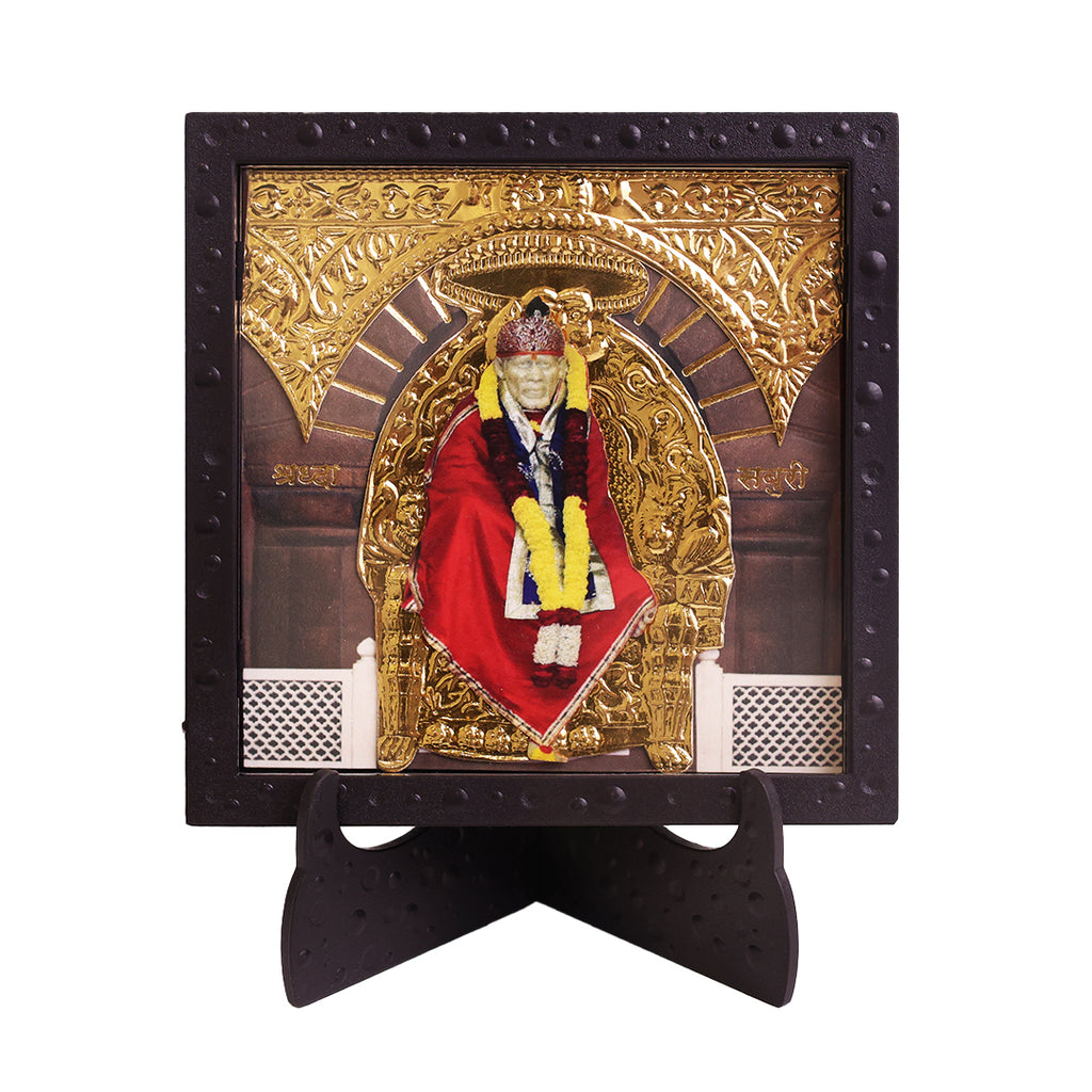 Classic 3D Shirdi Sai Baba Deity Photo Frame with Stand for Home Temple | Sai Baba Spiritual Photo Frame for Pooja Room, Office Desk & Meditation Space | Religious Home Decor | Devotional Gift Item & Sacred Souvenir