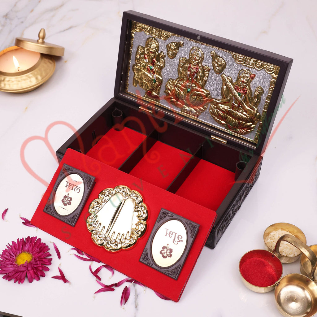 Premium Laxmi Ganesh Saraswati Charan Paduka Corporate Gift Box – Gold Plated Divine Trio in ABS Polymer for Prosperity, Wisdom & Knowledge