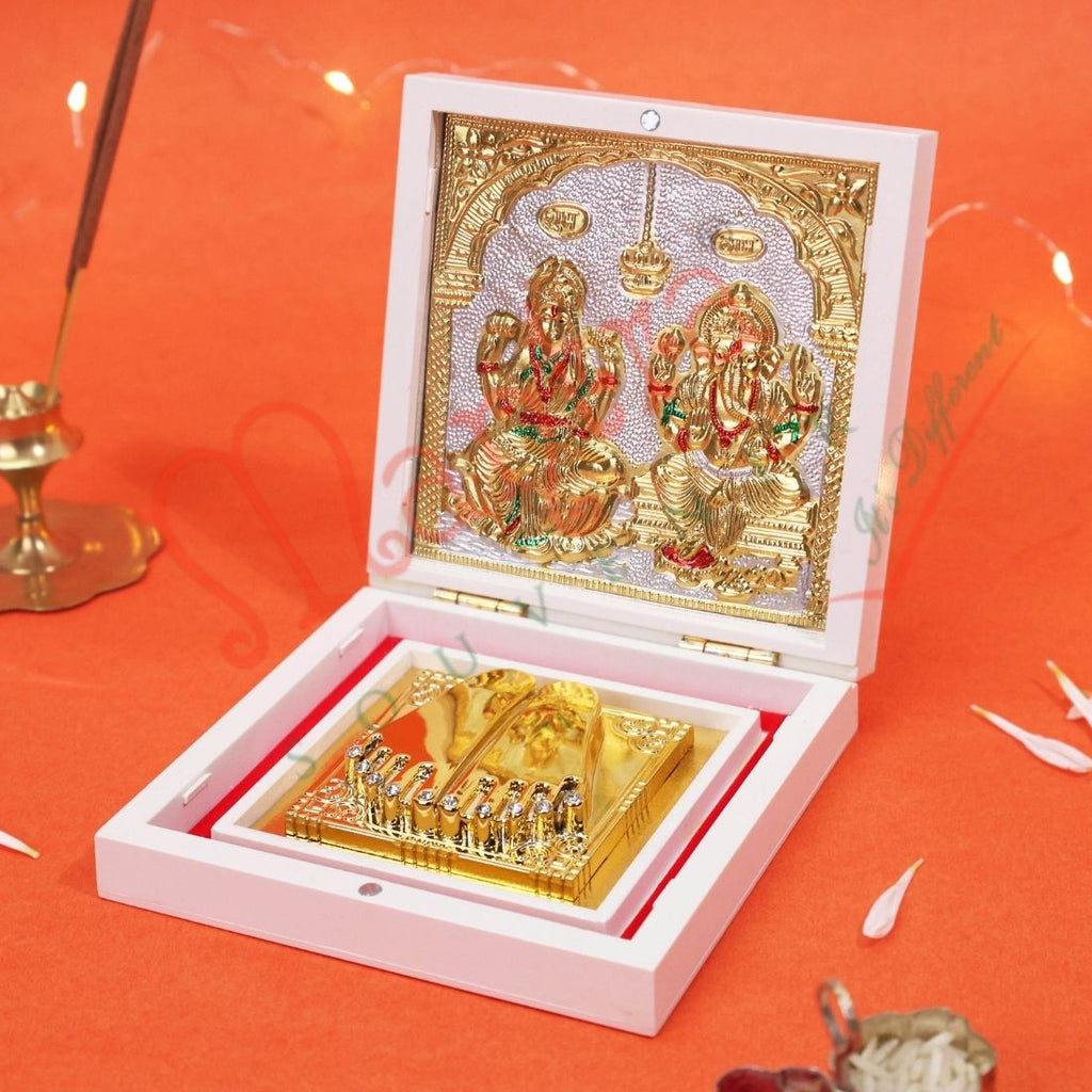Marvel White Edition Gold Plated Laxmi Ganesha Charan Paduka Box – Divine Shubh Labh Gift for Wealth & Prosperity