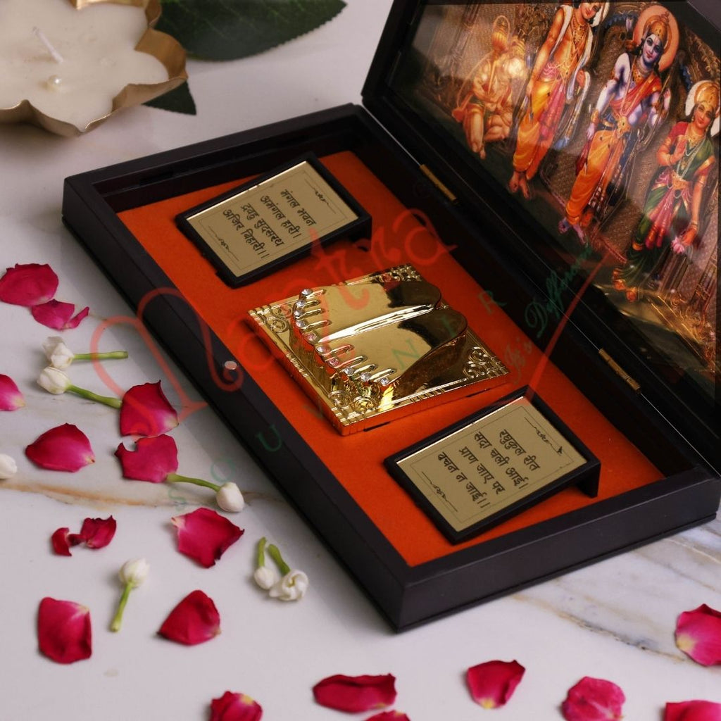 Humsafar 3D Ram Darbar Charan Paduka Gold Plated Box – Spiritual Gift for Home Temple & Office Decor