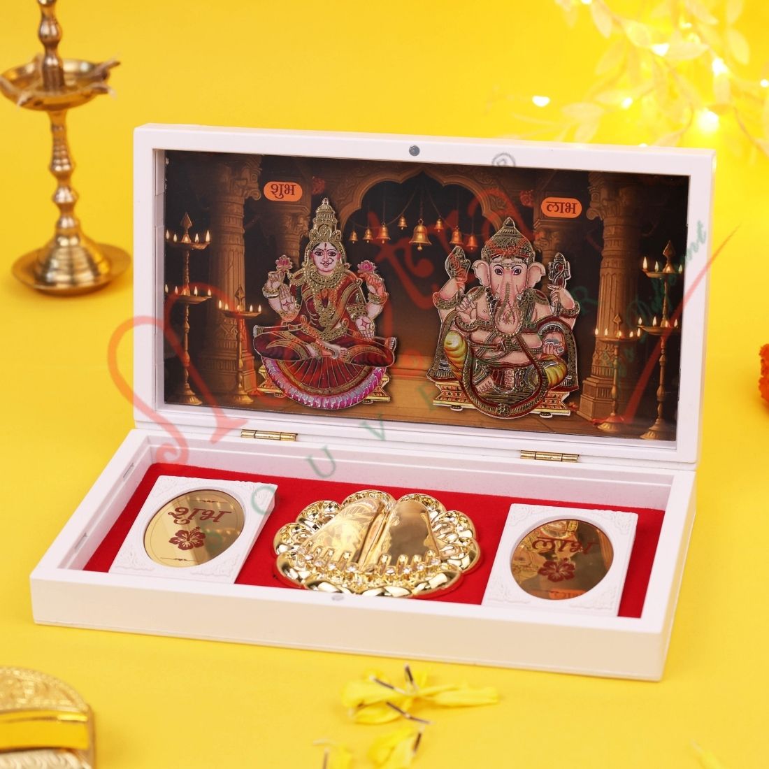 Marvel Premium 3D Lakshmi Ganesh Charan Paduka Idol box for Pooja Mandir Home Temple Office | Diwali Decoration Shubh Labh Coins Gift Box