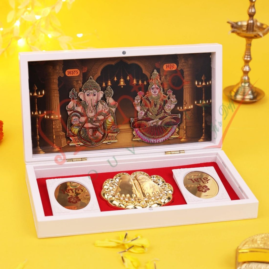 Marvel Premium 3D Lakshmi Ganesh Charan Paduka Idol box for Pooja Mandir Home Temple Office | Diwali Decoration Shubh Labh Coins Gift Box