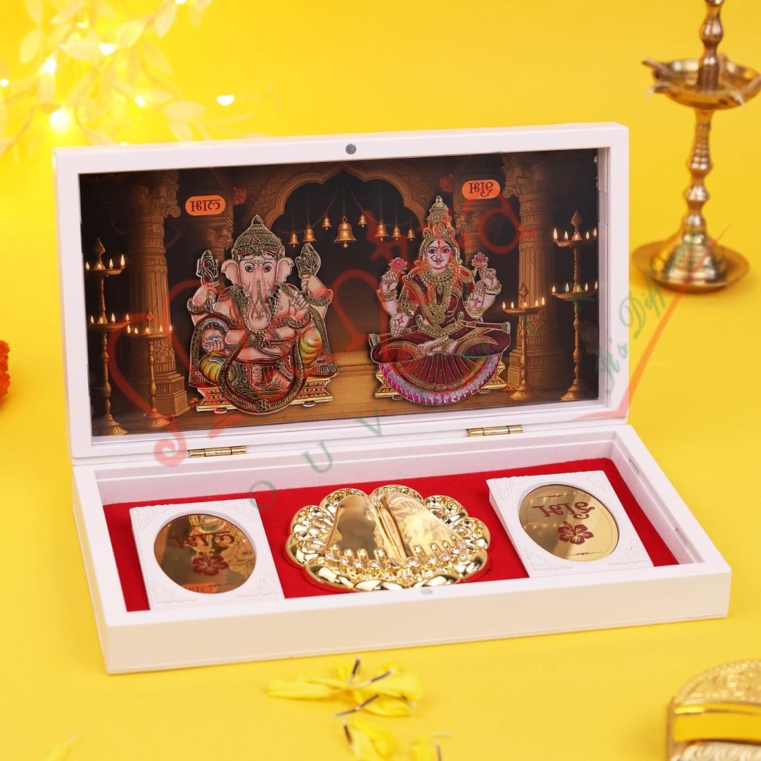 Marvel Premium 3D Lakshmi Ganesh Charan Paduka Idol box for Pooja Mandir Home Temple Office | Diwali Decoration Shubh Labh Coins Gift Box