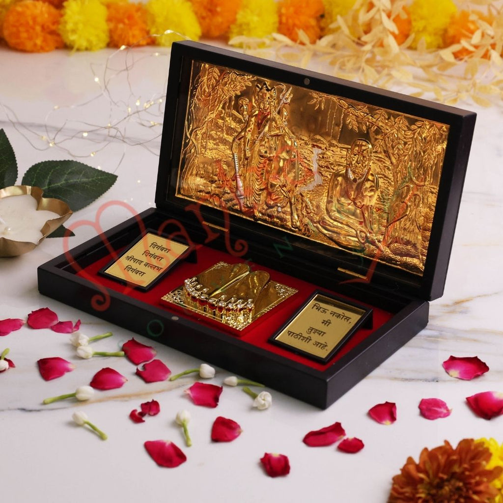 Premium Gold Plated Shree Swami Samarth & Lord Dattatreya Charan Paduka Gift Box – ABS Polymer Frame for Home Mandir, Office Desk & Spiritual Gifting