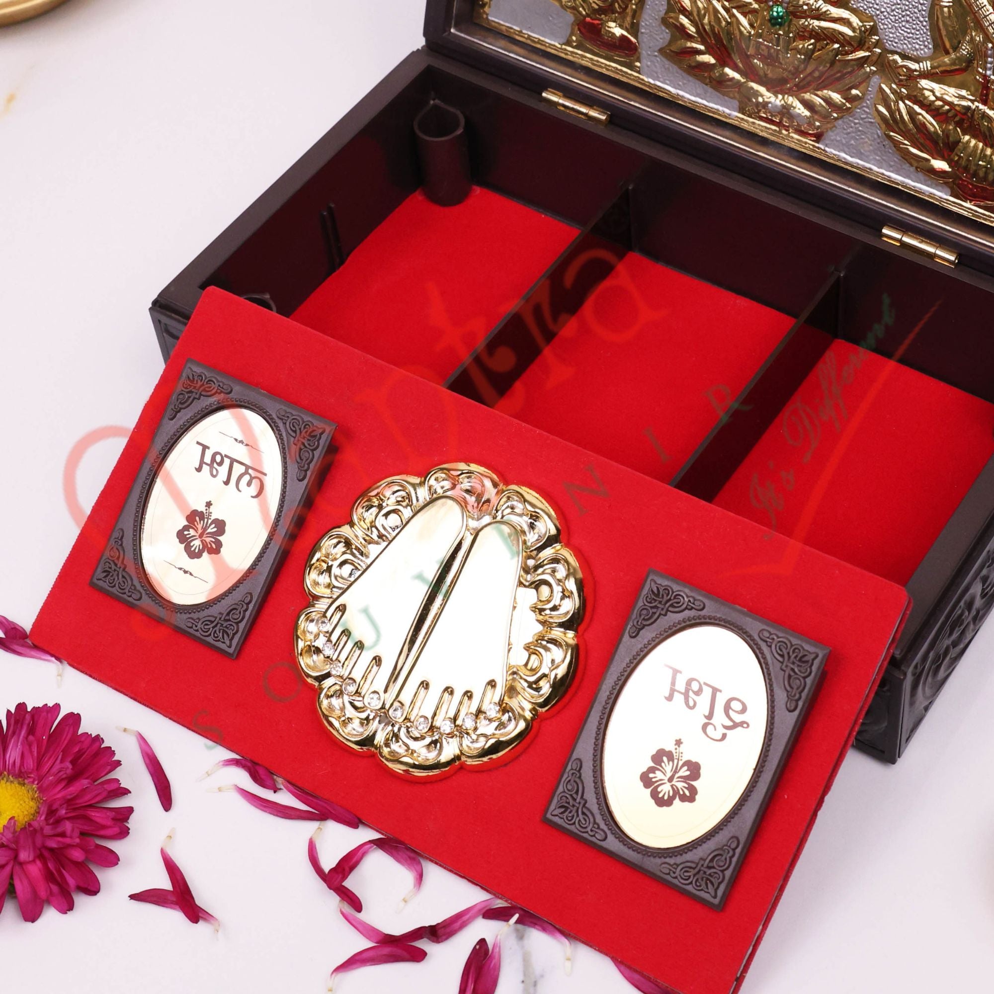 Premium Laxmi Ganesh Saraswati Charan Paduka Corporate Gift Box – Gold Plated Divine Trio in ABS Polymer for Prosperity, Wisdom & Knowledge