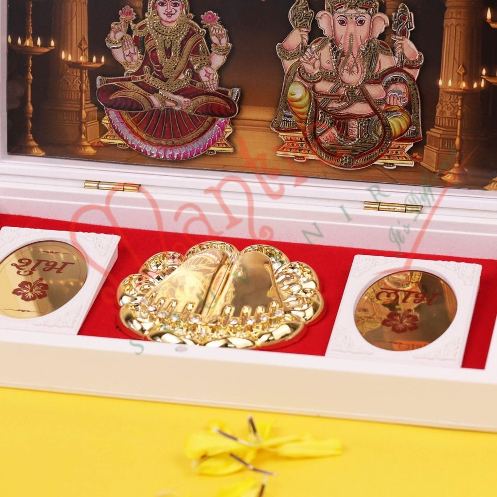 Marvel Premium 3D Lakshmi Ganesh Charan Paduka Idol box for Pooja Mandir Home Temple Office | Diwali Decoration Shubh Labh Coins Gift Box