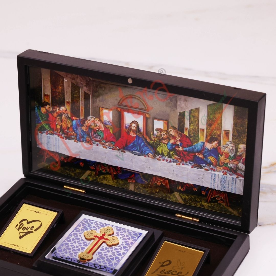 Premium 3D Last Supper Jesus Christ Frame Box with Holy Cross – Durable ABS Polymer Christian Wall & Desk Decor, Spiritual Gift for Home & Office