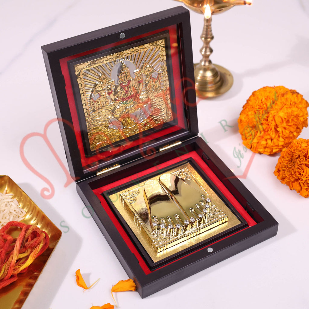 Gold Plated Maa Laxmi Charan Paduka Box – Divine Footprints of Wealth & Prosperity for Home Mandir, Office & Gifting