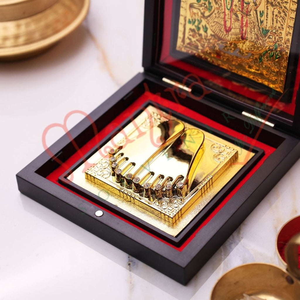 Radha Krishna Charan Paduka with Premium Box | Gold Finish Divine Footprint | Pooja Ghar Mandir Decor | Spiritual Gift Item