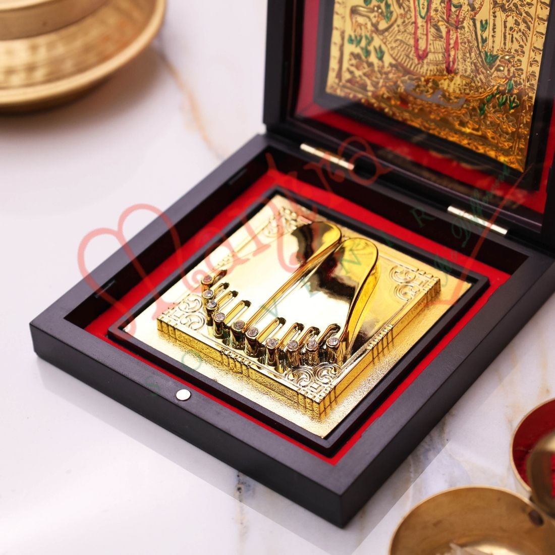 Radha Krishna Charan Paduka with Premium Box | Gold Finish Divine Footprint | Pooja Ghar Mandir Decor | Spiritual Gift Item