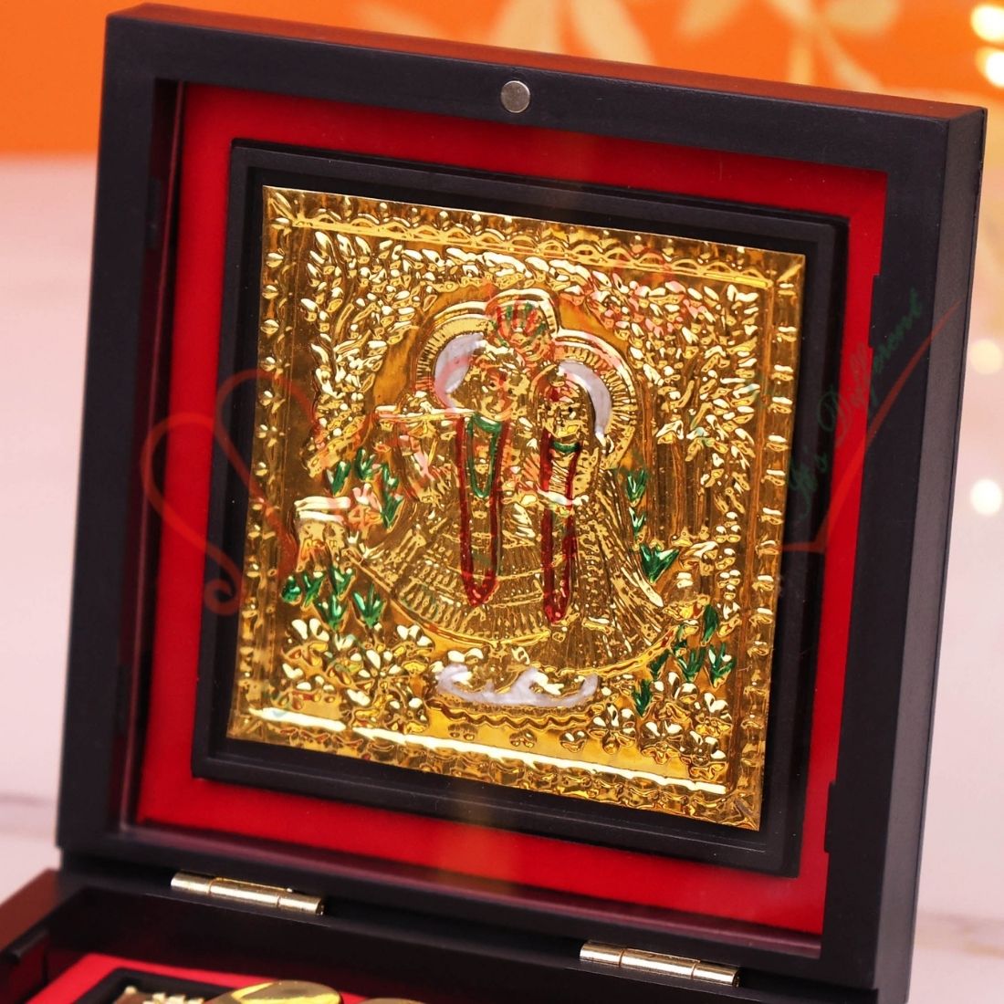 Radha Krishna Charan Paduka with Premium Box | Gold Finish Divine Footprint | Pooja Ghar Mandir Decor | Spiritual Gift Item