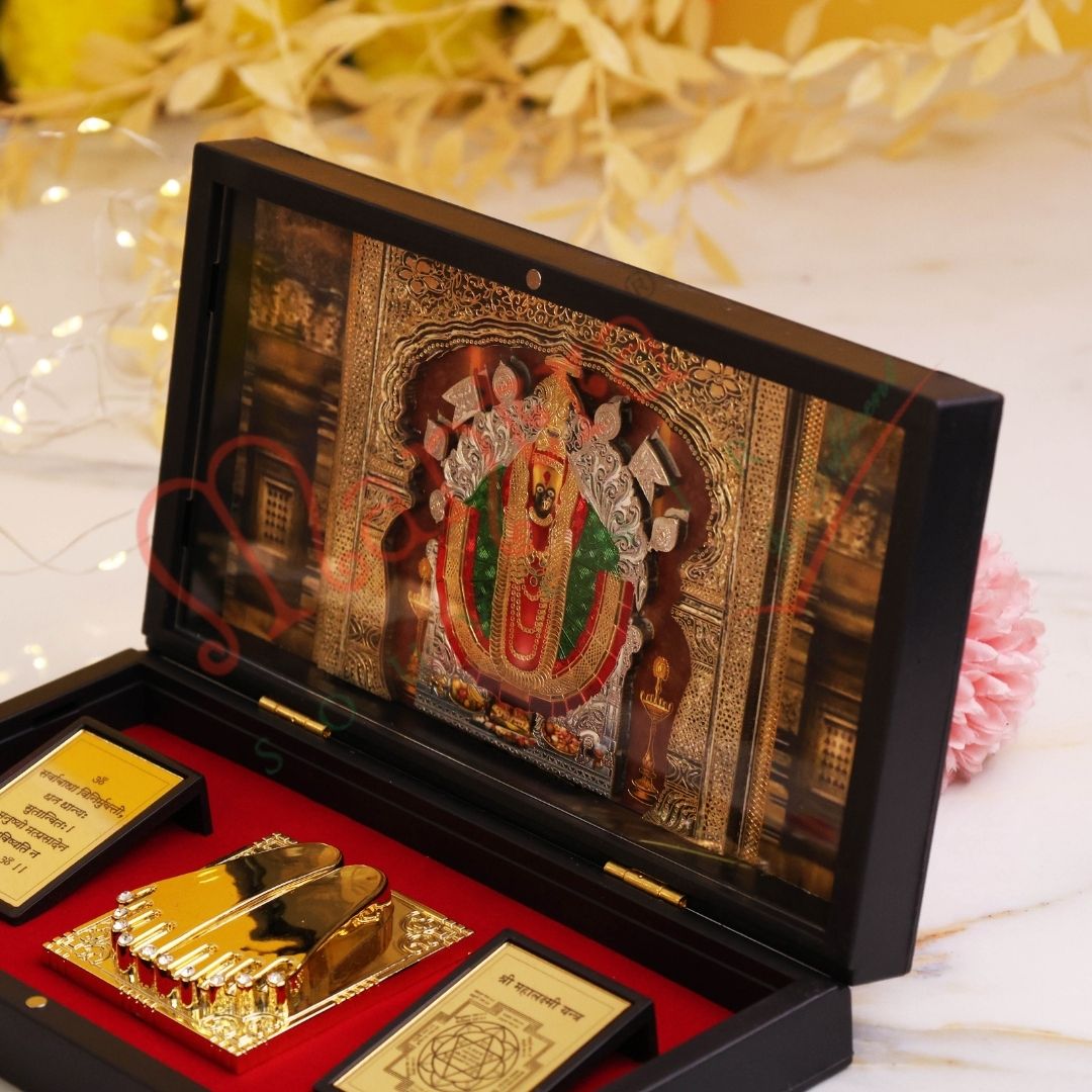 3D Gold Plated Kolhapuri Mahalakshmi Ambabai Charan Paduka Box – Premium ABS Polymer Karveer Nivasini Devi Idol for Home & Office