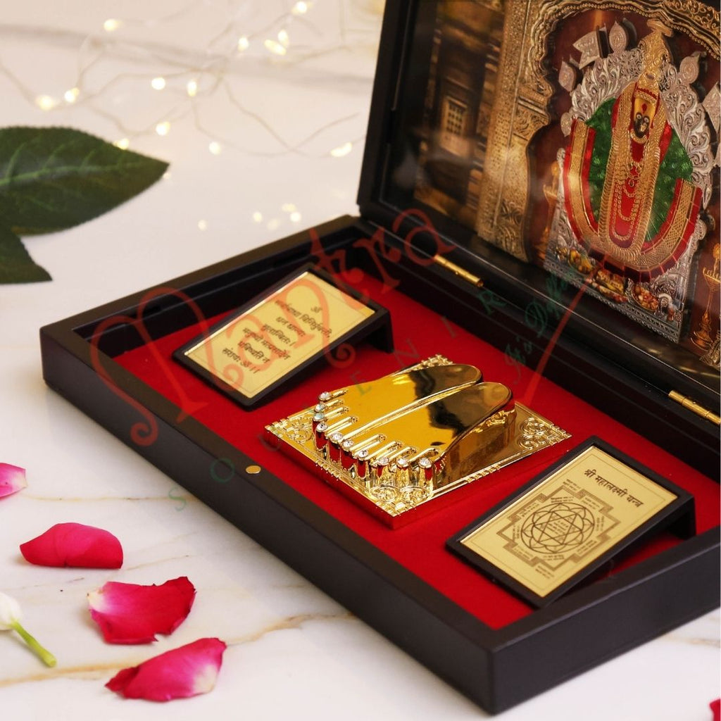 3D Gold Plated Kolhapuri Mahalakshmi Ambabai Charan Paduka Box – Premium ABS Polymer Karveer Nivasini Devi Idol for Home & Office