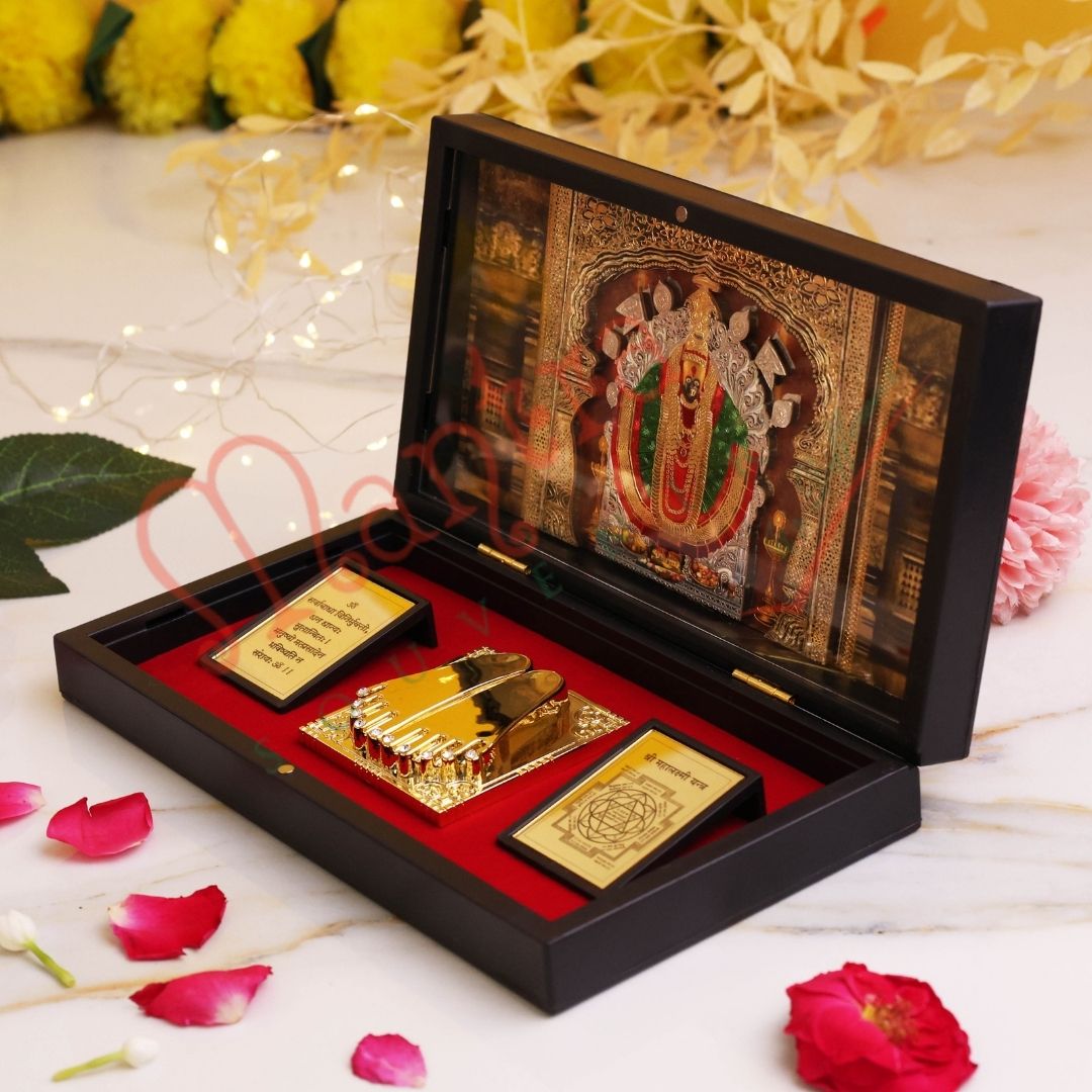 3D Gold Plated Kolhapuri Mahalakshmi Ambabai Charan Paduka Box – Premium ABS Polymer Karveer Nivasini Devi Idol for Home & Office